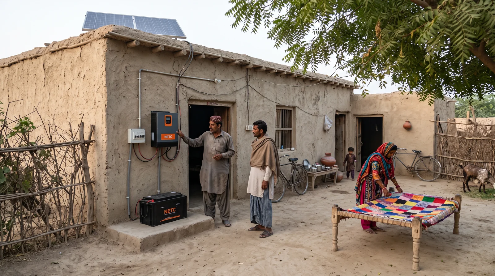 A family home in rural Sindh powered by an NETC solar, inverter and battery system